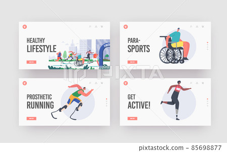 Disabled People Healthy Lifestyle Landing Page Template Set. Athlete Run Marathon, Sportsmen on Wheelchair or Prosthesis 85698877