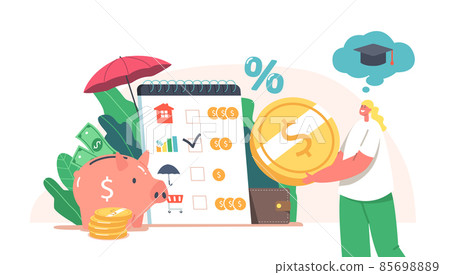 Tiny Female Characters Collect Coins into Huge Piggy Bank for Education. Earn and Save Money, Universal Basic Income Tiny Female Characters Collect Coins into Huge Piggy Bank for Education. Earn and Save Money, Universal Basic Income 85698889