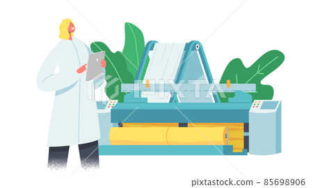 Textile Machinery Manufacture, Fabric Production Factory. Worker in Uniform near Controlling Panel of Weaver Loom Textile Machinery Manufacture, Fabric Production Factory. Worker in Uniform near Controlling Panel of Weaver Loom 85698906
