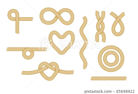 Set Sea Rope Knots, Nautical Marine Cords Heart, Eight, Circle and Wavy Elements Isolated on White Background 85698922