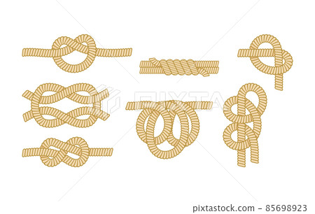 Set of Nautical Ropes with Different Knot Types. Marine Thread or Cord with Sheet Bend and Overhand, Granny and Eight 85698923