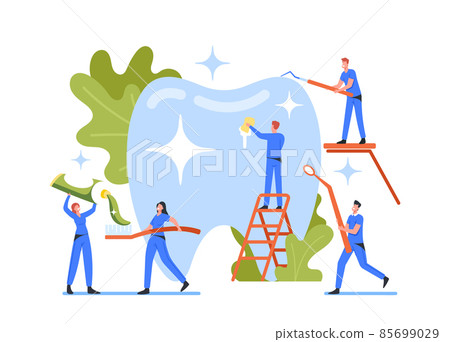 Dental Care, Oral Health Treatment Program, Check Up Concept. Tiny Dentists Characters in Medic Robe Cleaning Huge Tooth Dental Care, Oral Health Treatment Program, Check Up Concept. Tiny Dentists Characters in Medic Robe Cleaning Huge Tooth 85699029