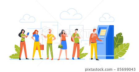 People at Atm Line. Male and Female Clients Characters Stand in Queue in Bank Waiting Turn to Draw or Put Money in Bank People at Atm Line. Male and Female Clients Characters Stand in Queue in Bank Waiting Turn to Draw or Put Money in Bank 85699043