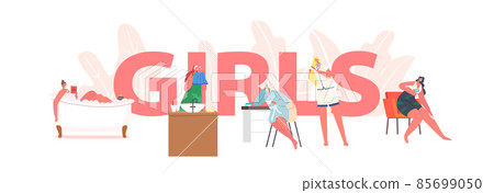 Girls Daily Routine Concept. Young Female Characters Morning Hygiene Procedures Take Bath or Shower, Comb Hair Girls Daily Routine Concept. Young Female Characters Morning Hygiene Procedures Take Bath or Shower, Comb Hair 85699050