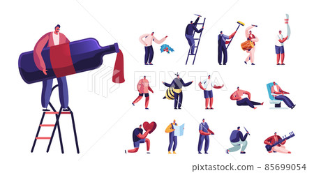 Set of Male Characters Lifestyle, Tiny Man with Huge Wine Bottle Stand on Ladder, Painting Wall, Wear Bee Costume 85699054