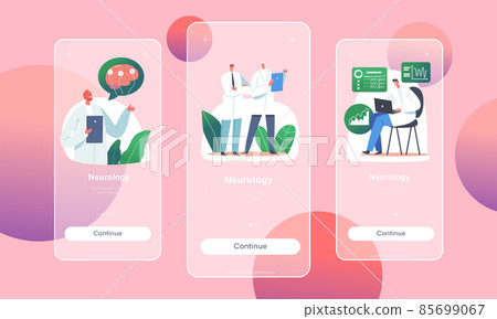 Neurology Mobile App Page Onboard Screen Template. Doctor Neurologist, Neuroscientist, Physician Characters Study Brain 85699067