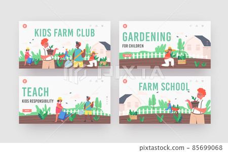 Kids Farming Landing Page Template Set. Children Gardening Work. Gardeners Boys or Girls Planting and Caring of Plants Kids Farming Landing Page Template Set. Children Gardening Work. Gardeners Boys or Girls Planting and Caring of Plants 85699068