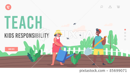 Teach Kids Responsibility Landing Page Template. Happy Children Characters Working in Summer Garden. Boy or Girl Farmers 85699071