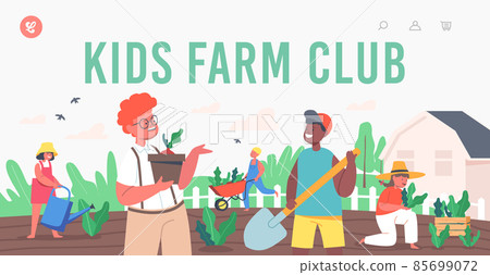 Kids Farm Club Landing Page Template. Children Gardening Work. Little Gardeners Boys or Girls Planting, Care of Plants 85699072