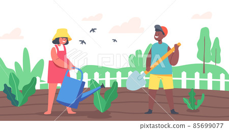 Happy Kids Characters Working in Summer Garden. African Boy Dig Soil, Caucasian Girl Farmer or Gardener Watering Plants 85699077