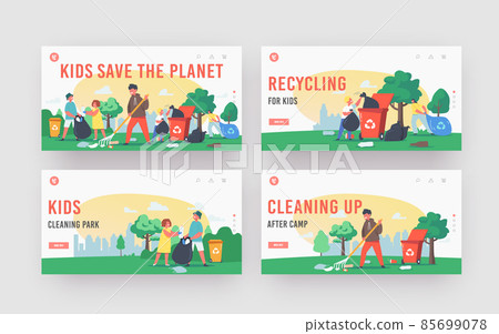Kids Cleaning City Park, Save Planet Landing Page Template Set. Children Characters Cleaning Garden, Garbage Recycling 85699078