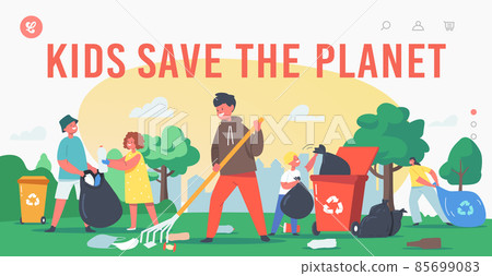 Kids Save the Planet Landing Page Template. Children Characters Cleaning Garden, Garbage Recycling, Ecology Protection 85699083