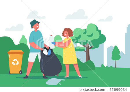 Little Girl and Boy Characters Collect Garbage into Trash Sack and Recycling Litter Bin in Garden. Ecology Protection, Little Girl and Boy Characters Collect Garbage into Trash Sack and Recycling Litter Bin in Garden. Ecology Protection, 85699084