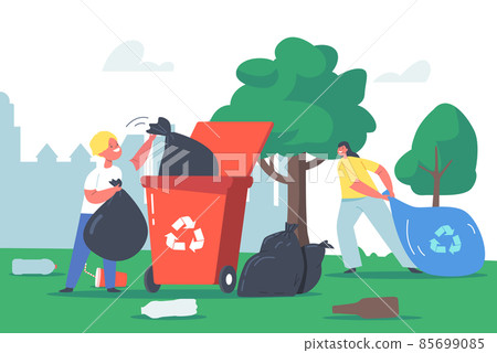 Kids Recycling Garbage, Children Characters Cleaning Garden Collect Litter in Trash Bag and Litter Bin with Recycle Sign 85699085