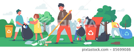 Children Characters Cleaning Garden, Garbage Recycling Concept. Ecology Protection, Social Charity Volunteers Clean Park Children Characters Cleaning Garden, Garbage Recycling Concept. Ecology Protection, Social Charity Volunteers Clean Park 85699086