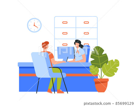 Bank Office or Insurance Company Interior with Female Receptionist Employee Sitting Behind of Table Serving Customer 85699129