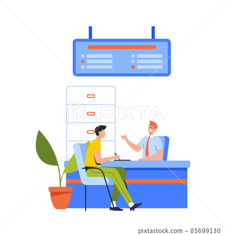 Client Character Sitting and Talking to Manager or Analysts of Credit Department. Bank Worker Providing Banking Services 85699130