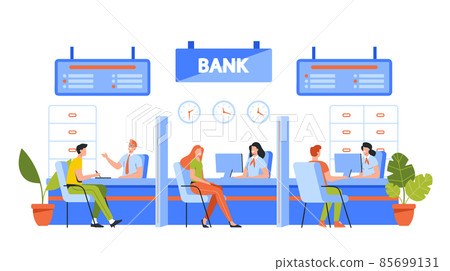Characters Use Banking Finance Services. People on Bank Office Reception. Client Talking to Managers about Operations 85699131