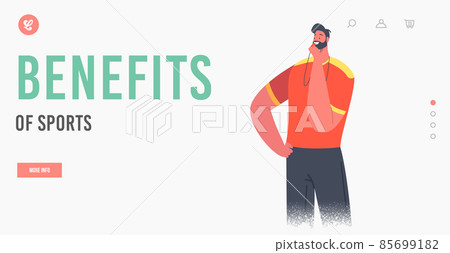Benefits of Sports Landing Page Template. Coach Male Character Whistle. Instructor Wear Sports Suit Conduct Workout Benefits of Sports Landing Page Template. Coach Male Character Whistle. Instructor Wear Sports Suit Conduct Workout 85699182