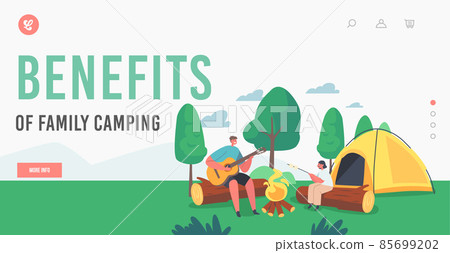 Benefits of Family Camping Landing Page Template. Kids Characters Roast Marshmallow on Fire and Playing Guitar 85699202