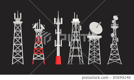Set of Radio Masts, Communication or Telecommunication Towers and Satellite Signal Transmitters. Telecom, Television Set of Radio Masts, Communication or Telecommunication Towers and Satellite Signal Transmitters. Telecom, Television 85699246