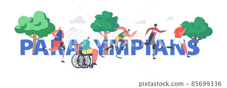 Paralympians Concept. Disabled People Run. Athlete Characters Sportsmen and Sportswomen Jog on Wheelchair or Prosthesis Paralympians Concept. Disabled People Run. Athlete Characters Sportsmen and Sportswomen Jog on Wheelchair or Prosthesis 85699336