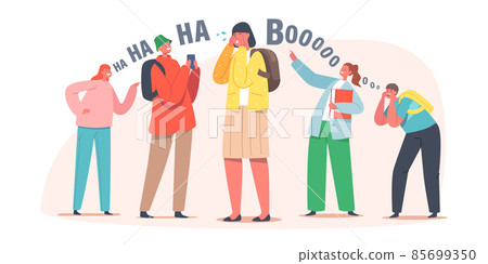 Teenagers Characters Bullying Girl, Aggression or Conflict, Stress. Schoolgirl Crying, Aggressive Classmates Violence 85699350