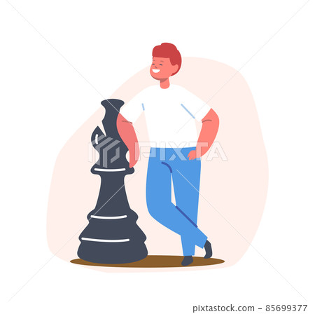 Little Cheerful Boy Stand at Chessboard with Huge Figure. Kid Playing Chess in Club, Enjoying Logic Activities and Game 85699377