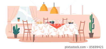 Empty Kitchen Interior With Wooden Table Covered with Tablecloth, Utensils, Food and Chairs Stand around. Home Room 85699421