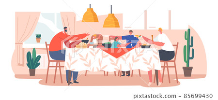 Happy Family Characters Mother, Father and Little Kids Having Dinner Around Table with Food. People Eating Meal and Talk 85699430