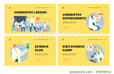Chemistry Lesson Landing Page Template Set. Schoolkids Conduct Experiment in Class. Researchers Characters in Classroom Chemistry Lesson Landing Page Template Set. Schoolkids Conduct Experiment in Class. Researchers Characters in Classroom 85699432