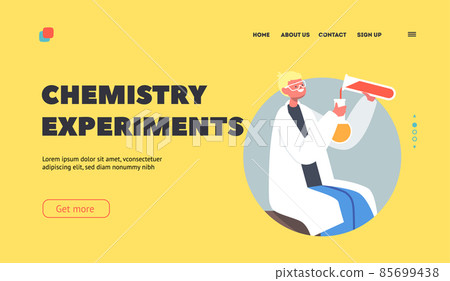 Chemistry Experiment Landing Page Template. Schoolkid with Test Tube Pour Reagent Liquid into Beaker. Child on Lesson Chemistry Experiment Landing Page Template. Schoolkid with Test Tube Pour Reagent Liquid into Beaker. Child on Lesson 85699438