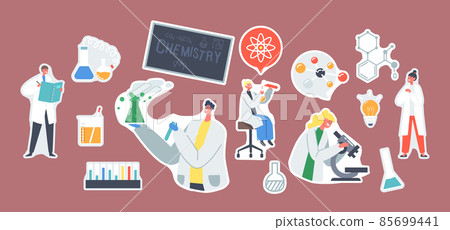 Set of Stickers Chemistry Experiment. Schoolkids with Microscope, Notebook and Test Tube, Teacher Holding Beaker Set of Stickers Chemistry Experiment. Schoolkids with Microscope, Notebook and Test Tube, Teacher Holding Beaker 85699441
