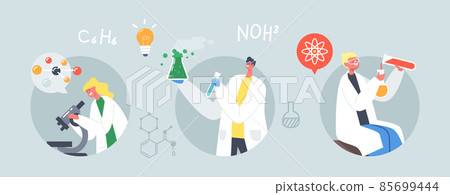Set Experiment in Chemistry Class. Schoolkids with Microscope and Test Tube, Teacher Holding Beaker with Reagent Liquid Set Experiment in Chemistry Class. Schoolkids with Microscope and Test Tube, Teacher Holding Beaker with Reagent Liquid 85699444