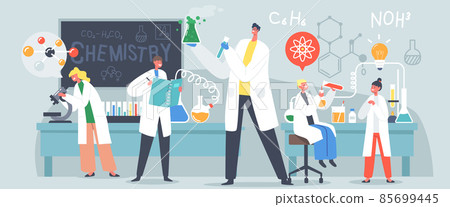 Schoolkids Conduct Experiment in Chemistry Class. Little Researchers Characters on Lesson in Classroom with Teacher Schoolkids Conduct Experiment in Chemistry Class. Little Researchers Characters on Lesson in Classroom with Teacher 85699445