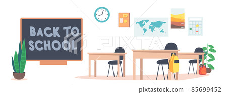 Empty Classroom Interior, School or College Class With Teacher Table, Blackboard With Back to School Inscription 85699452