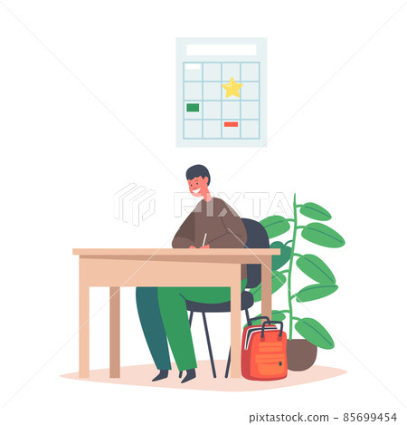 Kid Student Studying in School Classroom, Little Schoolboy Character Sitting at Desk with Pen in Hand Writing Lesson 85699454