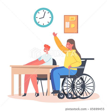 Disabled Girl in Wheelchair Sit at Desk with Healthy Classmate in Classroom Raising Hand. Handicapped Schoolgirl 85699455