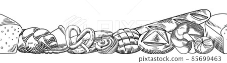 Bread and Bakery Doodle Food Frame, Sketch Baked Loaf, Rye or Wheat Bread and Pretzel. Braided Buns and French Baguette Bread and Bakery Doodle Food Frame, Sketch Baked Loaf, Rye or Wheat Bread and Pretzel. Braided Buns and French Baguette 85699463