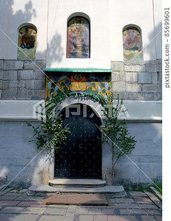 St Nicholas Church in Lviv, Ukraine. View of the entrance to the church. St Nicholas Church is one of the oldest buildings in Lviv dating back to the 13th century. Lviv is also known as Lvov. 85699601