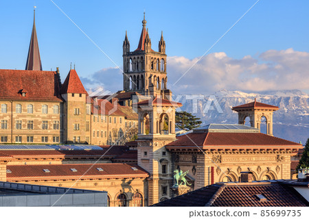 Lausanne city and the snow covered Alps mountains, Switzerland Lausanne city and the snow covered Alps mountains, Switzerland 85699735