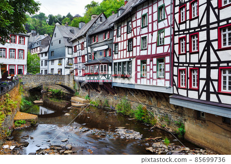 Medieval fachwerk houses in Monschau Old town, Germany, 85699736