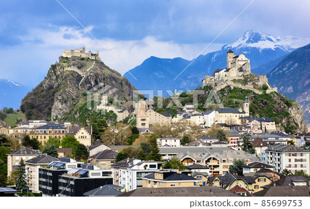 Sion town in in the Alps mountains valley, Valais, Switzerland 85699753