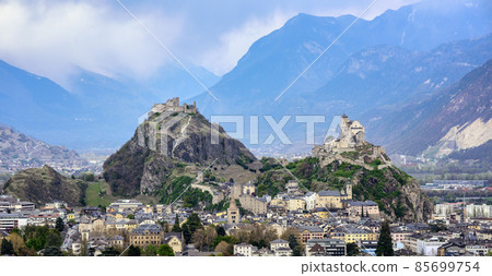 Panoramic view of Sion town in the swiss Alps valley, Switzerland 85699754