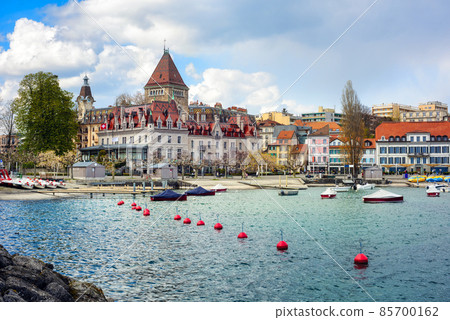 Ouchy district on Lake Geneva in Lausanne city, Switzerland 85700162