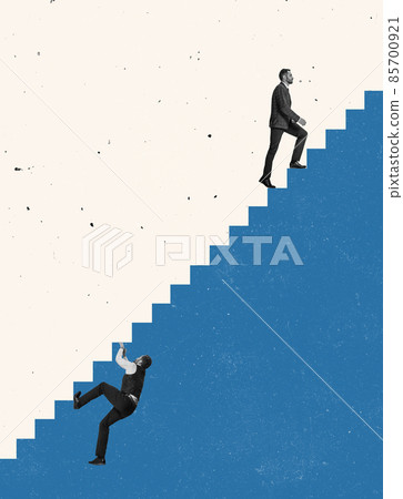 Contemporary art collage. Modern design. Businessmen walking the ladder symbolizing success and failure Contemporary art collage. Modern design. Businessmen walking the ladder symbolizing success and failure 85700921