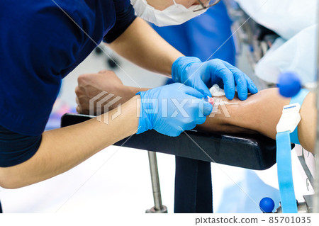 The doctor inserts a dropper needle into a vein in the patient's arm. The doctor inserts a dropper needle into a vein in the patient's arm. 85701035