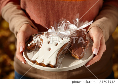 Woman holding gingerbread biscuits in plate outdoors Woman holding gingerbread biscuits in plate outdoors 85701542