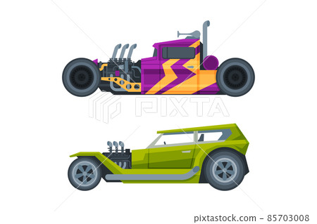 American Hot Rod Car with Large Engine and Tubes for Speed and Acceleration Vector Set American Hot Rod Car with Large Engine and Tubes for Speed and Acceleration Vector Set 85703008