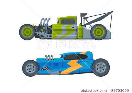 American Hot Rod Car with Large Engine and Tubes for Speed and Acceleration Vector Set American Hot Rod Car with Large Engine and Tubes for Speed and Acceleration Vector Set 85703009